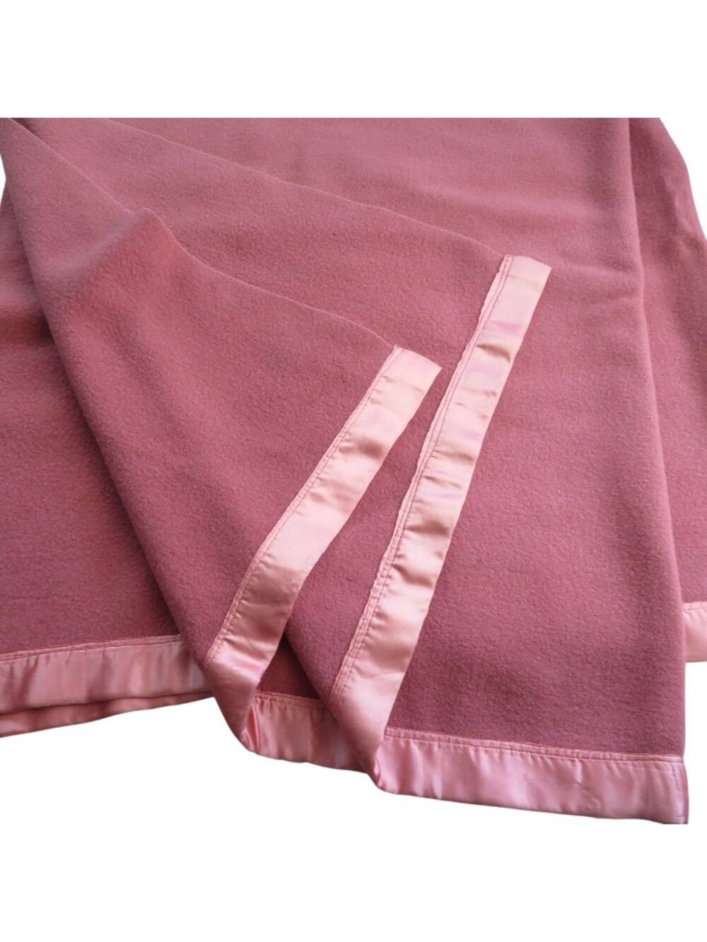 Vintage Wool Blanket Satin Trim Dusty Rose Pink 60" x 76" Made in USA
